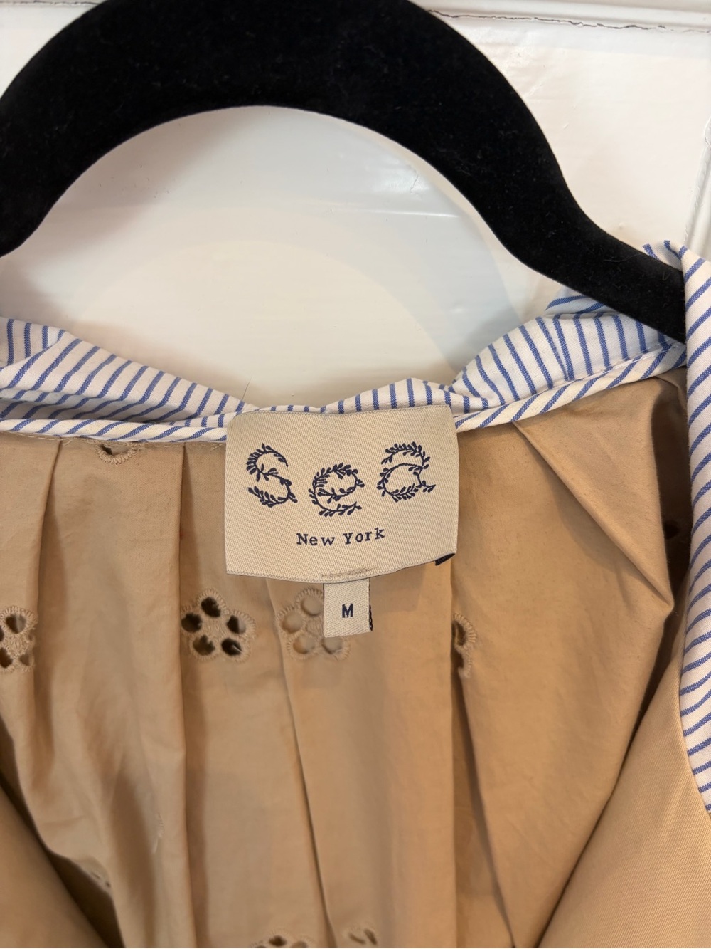 Sea Tan Eyelet Jacket with Blue-White Striped Trim - Picture 2 of 3